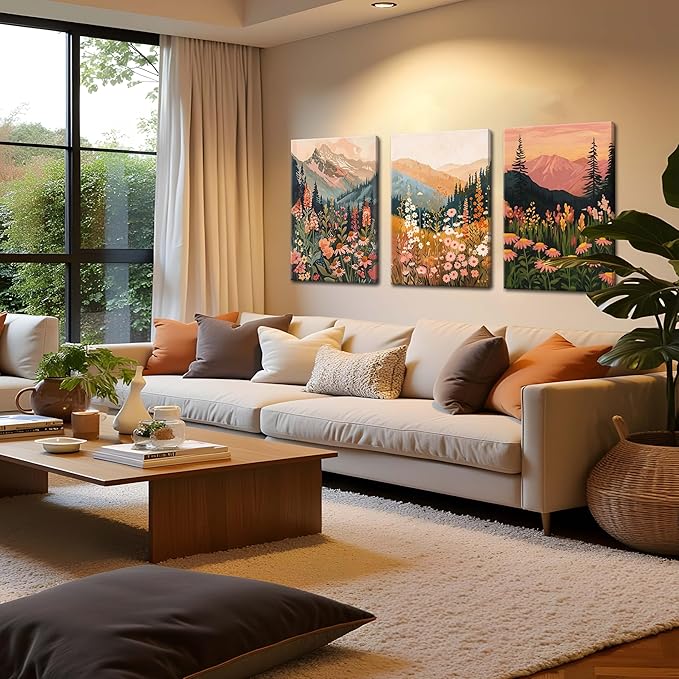 Framed Wildflower Mountain Landscape Wall Art Set of 3, Colorful Floral Wall Decor, Boho Sunset Landscape Canvas Artwork, Earth Tone Botanical Poster Prints for Living Room Bedroom 16x24 Inch