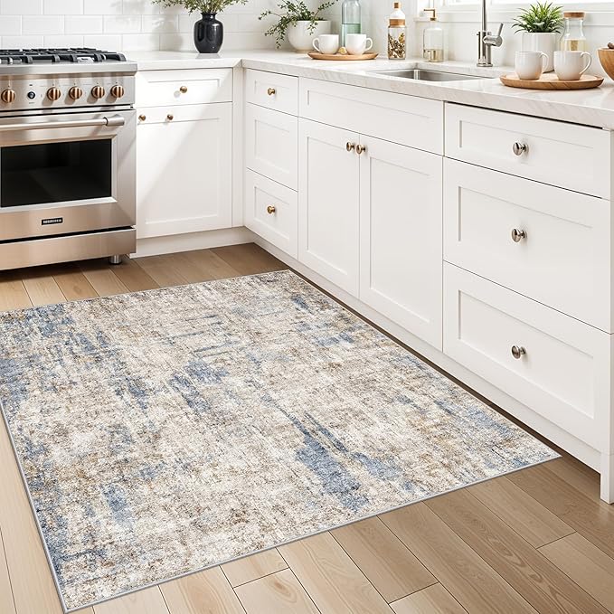 3x3 Square Entryway Rug Washable – Non-Slip Small Area Rug for Kitchen or Bathroom, Soft Low-Pile Indoor Mat, Modern Abstract Thin Door Carpet (Blue Brown)