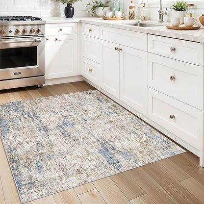 3x3 Square Entryway Rug Washable – Non-Slip Small Area Rug for Kitchen or Bathroom, Soft Low-Pile Indoor Mat, Modern Abstract Thin Door Carpet (Blue Brown)