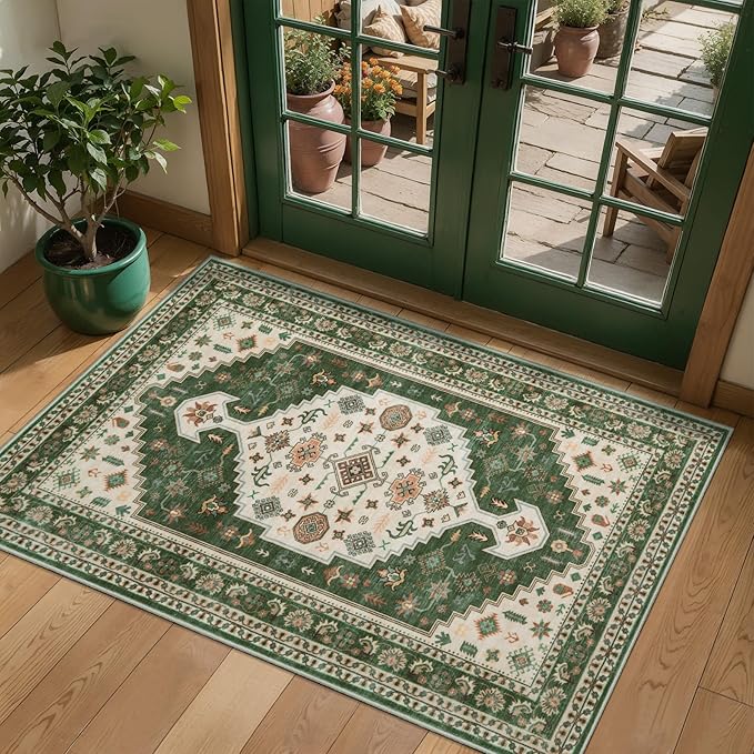 Tangsoo Vintage 2x3 Entry Washable Rug for Entryway,Green Beige Non-Slip Indoor Door Rug Small Throw Mat Soft Low Pile Carpet for Front Porch Entrance Kitchen
