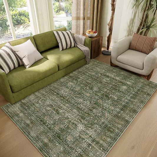 Washable 4x6 Rugs for Living Room, Boho Non-Slip Vintage Distress Small Rugs for Bedroom Nursery Office, 0.3" Neutral Oriental Throw Thin Carpet with Cushioning Pad, Grass Green/Multi, D1