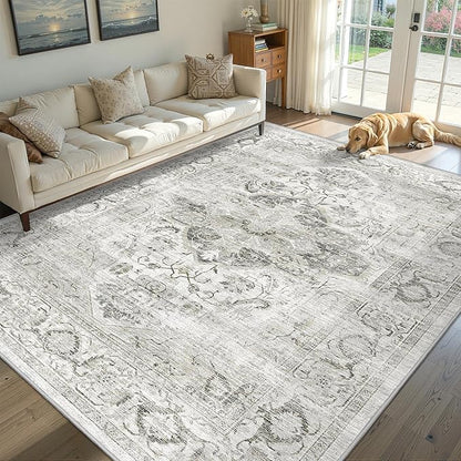 Washable 5x7 Area Rug - Soft Ultra Thin Living Room Rugs Stain Resistant Non Slip Area Rugs for Bedroom Vintage Home Decor Indoor Floor Mat (Ivory/Gray,5'x7')