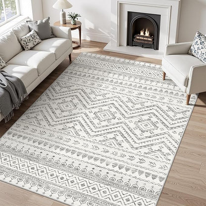 Miukiki 7x9 Area Rug for Living Room Moroccan Washable Rugs Non Slip Indoor Floor Carpet Foldable Large Soft Area Rug for Dining Room Bedroom with Low Pile(Grey,7'x9')