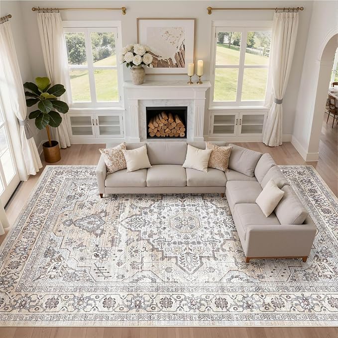 12x15 Area Rug Living Room: Washable Boho Large Neutral Vintage Soft Rugs Stain Resistant Farmhouse Non-Slip Indoor Floor Carpet for Bedroom Nursery Kids Office Dining Room- Ivory Gray