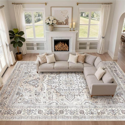 12x15 Area Rug Living Room: Washable Boho Large Neutral Vintage Soft Rugs Stain Resistant Farmhouse Non-Slip Indoor Floor Carpet for Bedroom Nursery Kids Office Dining Room- Ivory Gray