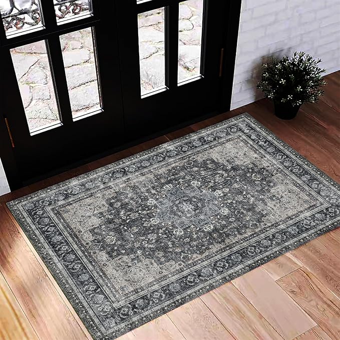 CHAMPLANT Washable Area Rug 2'x3' Door Mat Vintage Distressed Doormat Indoor Entrance Traditional Thin Rug Floral Print Non Slip Carpet for Kitchen Bathroom Bedroom Living Room