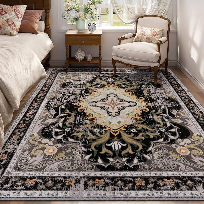 RUSHUFFY 5x7 Washable Area Rugs for Bedroom, Vintage Boho Distressed Print Pattern Rugs for Living Room, Soft Non-Slip Carpet for Indoor Dining Room Nursery Farmhouse Girls Room, Black & Gold