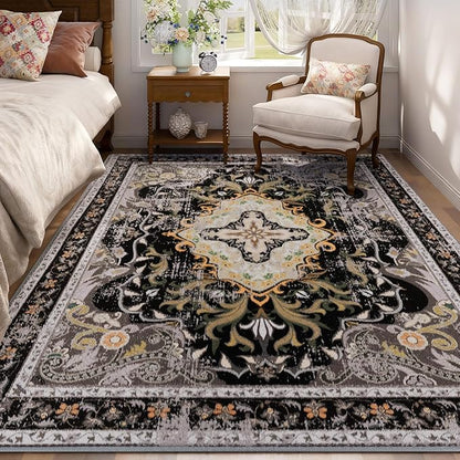 RUSHUFFY 5x7 Washable Area Rugs for Bedroom, Vintage Boho Distressed Print Pattern Rugs for Living Room, Soft Non-Slip Carpet for Indoor Dining Room Nursery Farmhouse Girls Room, Black & Gold