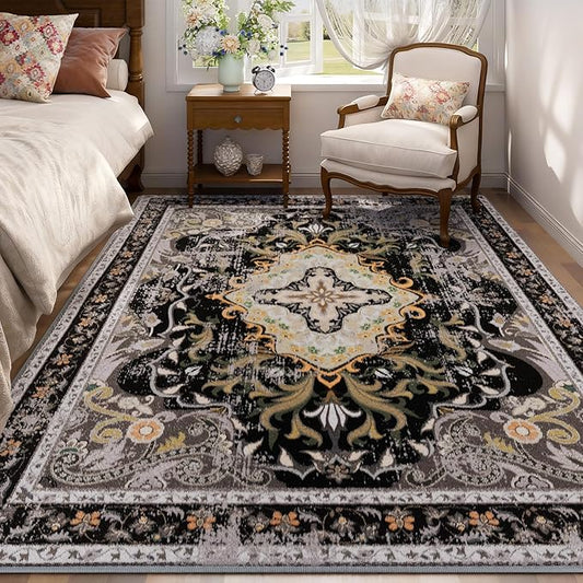 RUSHUFFY 5x7 Washable Area Rugs for Bedroom, Vintage Boho Distressed Print Pattern Rugs for Living Room, Soft Non-Slip Carpet for Indoor Dining Room Nursery Farmhouse Girls Room, Black & Gold