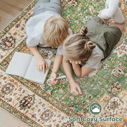 Area Rug 6x9 Washable Rug, Vintage Boho Medallion Rugs Non-Slip Soft Low Pile Large Distressed Rug Indoor Retro Carpet for Living Room Bedroom Dining Room Home Office (Vintage Green, 6'x9')