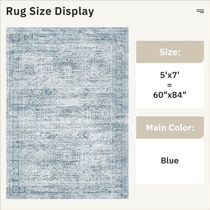 Soalmost 5x7 Area Rugs Blue Low Pile Indoor Washable Trendy Faded Style Rugs for Bedroom Living Room Dining Room Foldable Non-Slip Thin Print Mat