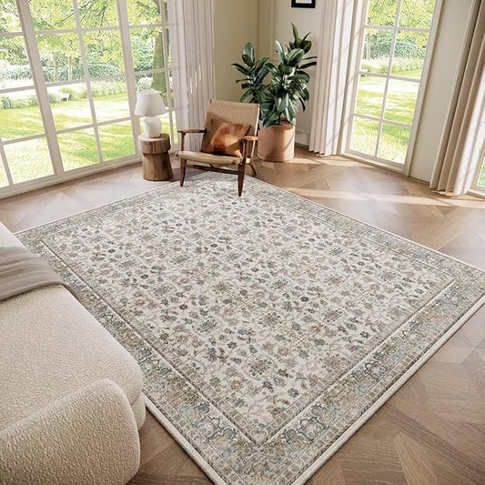 Washable 5x7 Area Rugs for Living Room, Boho Non-Slip Vintage Rugs for Bedroom Dining Room Nursery Office, 0.3" Neutral Oriental Throw Thin Carpet with Cushioning Pad, Cream/Blue/Multi,A2