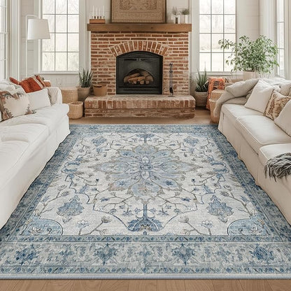 RELEANY Area Rugs Square 8ft Washable Non-Slip, Floral Vintage Distress Print Pattern Medallion Carpet for Living Room Bedroom Dining Room, Light Blue Navy Beige Gray White