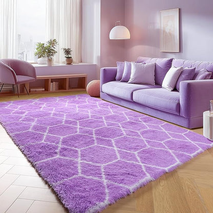 ONASAR Area Rugs for Bedroom Living Room, 4x6 Fluffy Purple and White Throw Rug, Boho Geometric Soft Shaggy Fuzzy Plush Indoor Floor Carpet for Kids Teen Nursery Dorm Home Decor Aesthetic