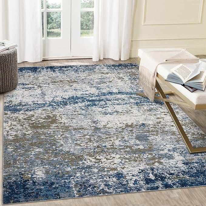 ROYHOME 5x7 Modern Abstract Faux Wool Rug Ultra-Soft Low Pile Accent Rug Stain Resistant Carpet Machine Washable for Bedroom with Non Slip Backing, Navy