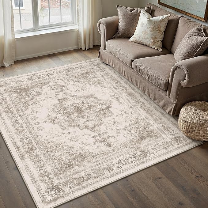 PureCozy Area Rug 4x6 Beige Washable Office Entryway Vintage Medallion Carpet Non Slip Retro Indoor Mat Low Pile Soft Distressed Small Rug for Bedroom Kitchen Laundry Dining Room