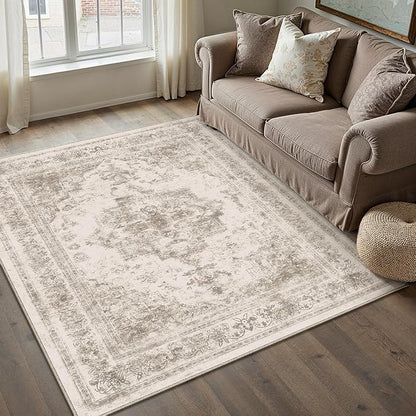 PureCozy Area Rug 4x6 Beige Washable Office Entryway Vintage Medallion Carpet Non Slip Retro Indoor Mat Low Pile Soft Distressed Small Rug for Bedroom Kitchen Laundry Dining Room