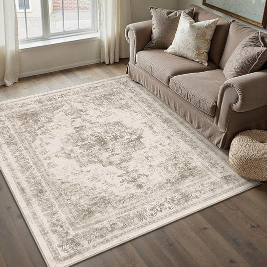 PureCozy Area Rug 4x6 Beige Washable Office Entryway Vintage Medallion Carpet Non Slip Retro Indoor Mat Low Pile Soft Distressed Small Rug for Bedroom Kitchen Laundry Dining Room