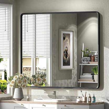 40x36 Inch Black Metal Framed Bathroom Mirror for Wall, Black Rounded Rectangle Mirror, Matte Black Bathroom Vanity Mirror, Anti-Rust, Shatterproof, Hangs Horizontally or Vertically
