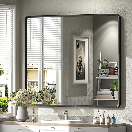 40x36 Inch Black Metal Framed Bathroom Mirror for Wall, Black Rounded Rectangle Mirror, Matte Black Bathroom Vanity Mirror, Anti-Rust, Shatterproof, Hangs Horizontally or Vertically
