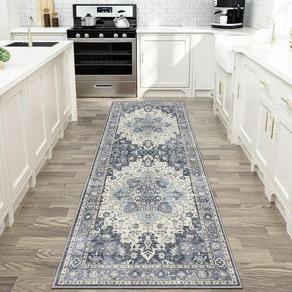 GENIMO 2x10 Runner Rugs for Hallway, Machine Washable Non Slip Vintage Rugs, Low Pile Lightweight Soft Print Rug for enrtyway, Corridor, Home Office, Kitchen, Center Blue