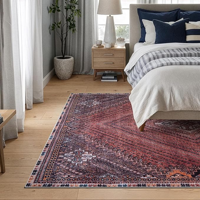 Bloom Rugs Washable Non-Slip 4' x 6' Rug - Red/Multicolor Traditional Bordered Area Rug for Living Room, Bedroom, Dining Room, and Kitchen - Exact Size: 4' x 6'
