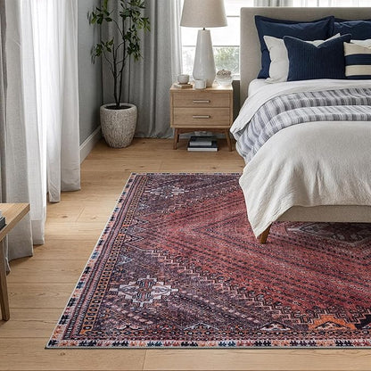 Bloom Rugs Washable Non-Slip 4' x 6' Rug - Red/Multicolor Traditional Bordered Area Rug for Living Room, Bedroom, Dining Room, and Kitchen - Exact Size: 4' x 6'