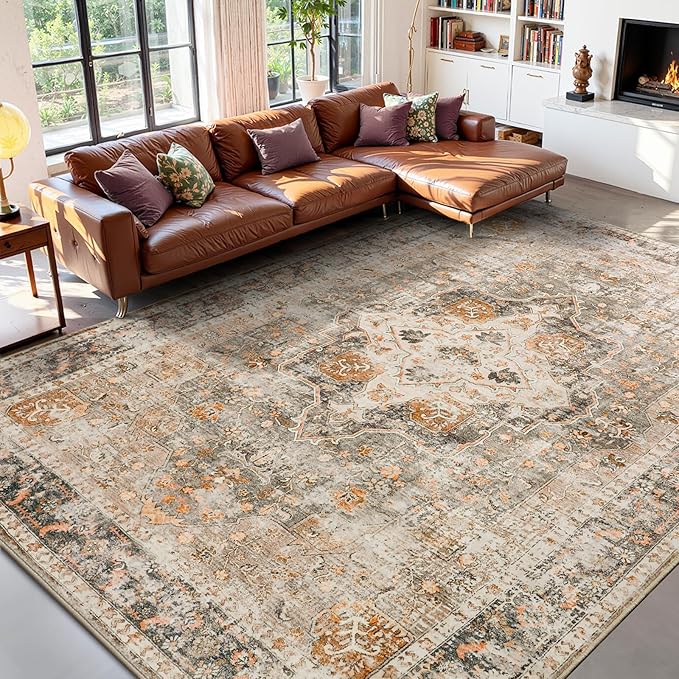 YOH Boho Washable Rug 9x12, Terracotta Vintage Non Slip Area Rug, Distressed Indoor Carpet for Living Room Bedroom Kitchen Office