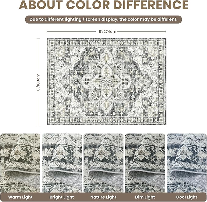 zesthome Area Rugs 6x9, Large Rugs for Living Room, Stain Resistant Washable Rug, Rugs for Bedroom with Non Slip Backing, Ultra-Thin Vintage 6x9 Area Rug