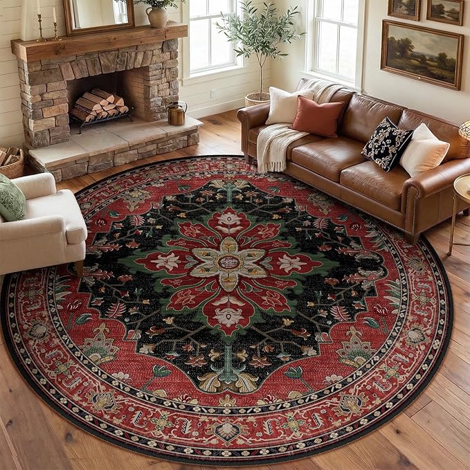 RELEANY Area Rugs Round 8ft Washable Non-Slip, Floral Vintage Distress Print Pattern Medallion Carpet for Living Room Bedroom Dining Room, Red Black