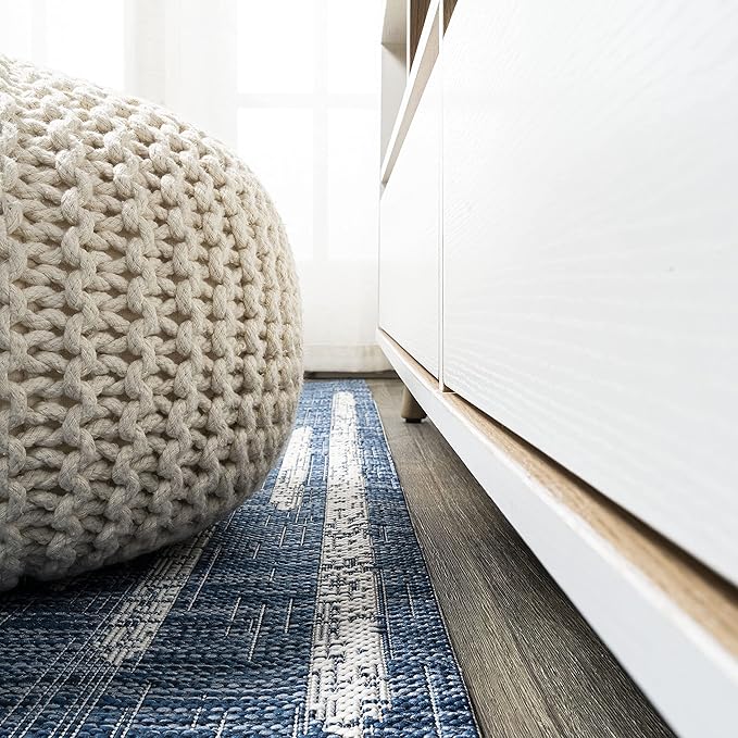 JONATHAN Y Stripe Geometric Indoor Outdoor Runner Rug 2X8 Blue/Ivory, Zolak Berber for Backyard, Patio, Porch, Easy-Cleaning, High Traffic, Pet-Friendly, Non-Shedding (SMB124C-28)