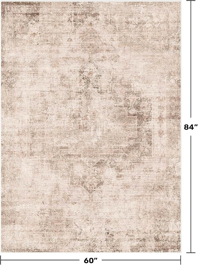 Hazo Haus Washable 5x7 Area Rugs for Living Room, Neutral Beige & Peach Farmhouse Rug for Dining Room & Bedroom, Ultra Soft Low-Pile Non-Slip Stain Resistant