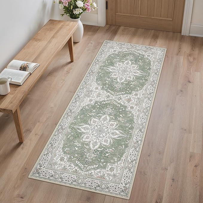 GENIMO 2X6 Washable Vintage Runner Rug for Hallway, Non-Slip Low Pile Chenille Print Rug, Soft Rugs for Indoor Entryway Kitchen Corridor, Sage & Linen