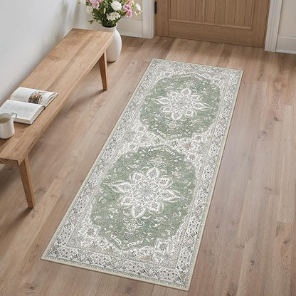 GENIMO 2X6 Washable Vintage Runner Rug for Hallway, Non-Slip Low Pile Chenille Print Rug, Soft Rugs for Indoor Entryway Kitchen Corridor, Sage & Linen