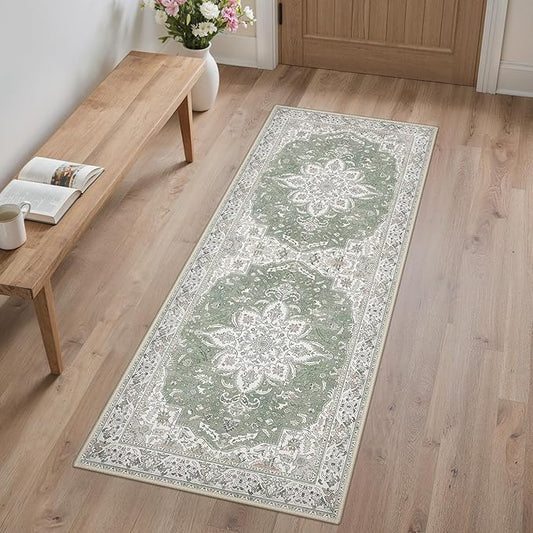 GENIMO 2X6 Washable Vintage Runner Rug for Hallway, Non-Slip Low Pile Chenille Print Rug, Soft Rugs for Indoor Entryway Kitchen Corridor, Sage & Linen