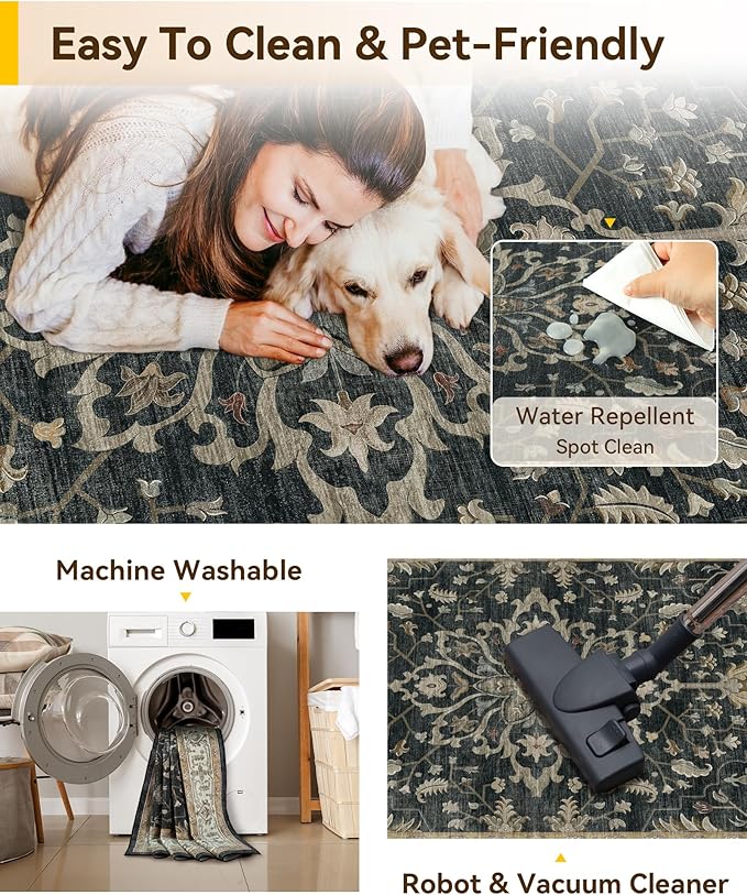 RELEANY Area Rugs 2'x10' Runner Rug Non Slip Washable for Kitchen Hallway Bedroom Beside Laundry Room Bathroom Rug, Floor Carpet, Vintage Black Brown Neutral