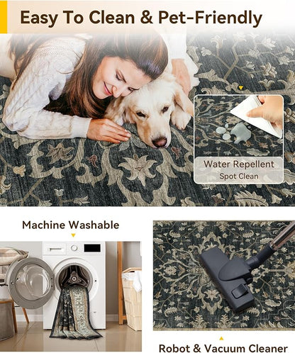 RELEANY Area Rugs Square 8ft Washable Non-Slip, Floral Vintage Distress Print Pattern Medallion Carpet for Living Room Bedroom Dining Room, Vintage Black Brown Neutral