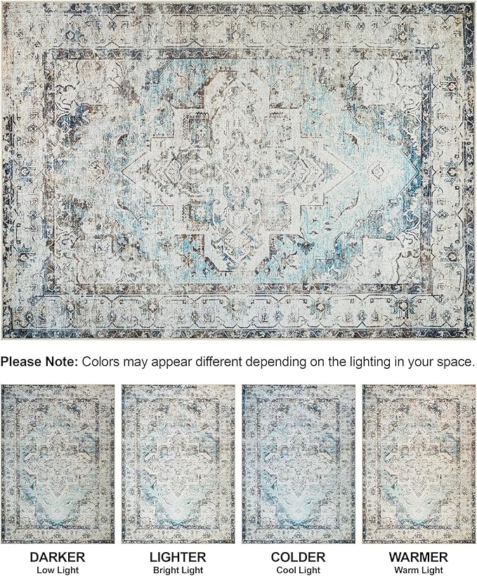 Bloom Rugs Washable Non-Slip 3' x 5' Rug - Beige/Blue Traditional Area Rug for Living Room, Bedroom, Dining Room, and Kitchen - Exact Size: 3' x 5'