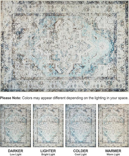 Bloom Rugs Washable Non-Slip 3' x 5' Rug - Beige/Blue Traditional Area Rug for Living Room, Bedroom, Dining Room, and Kitchen - Exact Size: 3' x 5'