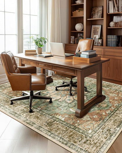 RELEANY Area Rugs 5'x7' Washable Non-Slip, Floral Vintage Distress Print Pattern Medallion Carpet for Living Room Bedroom Dining Room, Brick Red Rust Neutral Brown Burnt Orange Green