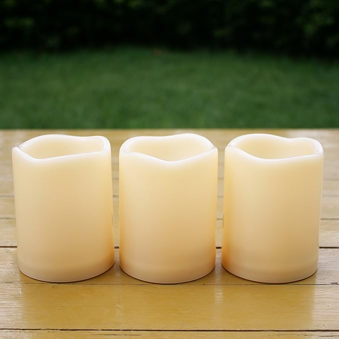iZAN 3-Pack Battery Operated Flameless LED Candles with Timer Outdoor Waterproof Flickering Timing LED Pillar Candles for Home Wedding Party Festival Décor Long Battery Life 1500+ Hours 3”x4”