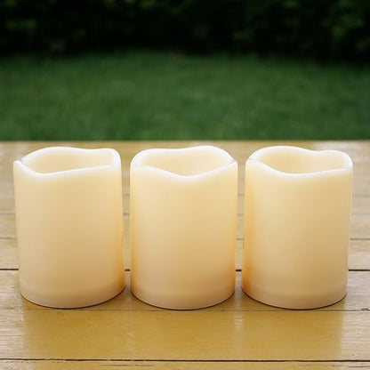 iZAN 3-Pack Battery Operated Flameless LED Candles with Timer Outdoor Waterproof Flickering Timing LED Pillar Candles for Home Wedding Party Festival Décor Long Battery Life 1500+ Hours 3”x4”
