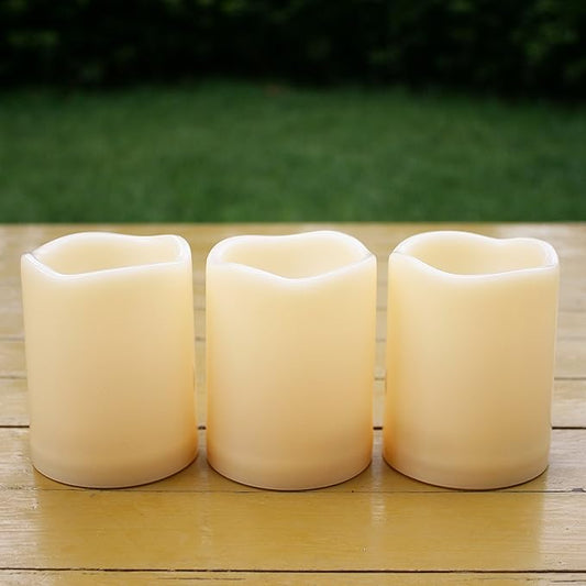 iZAN 3-Pack Battery Operated Flameless LED Candles with Timer Outdoor Waterproof Flickering Timing LED Pillar Candles for Home Wedding Party Festival Décor Long Battery Life 1500+ Hours 3”x4”