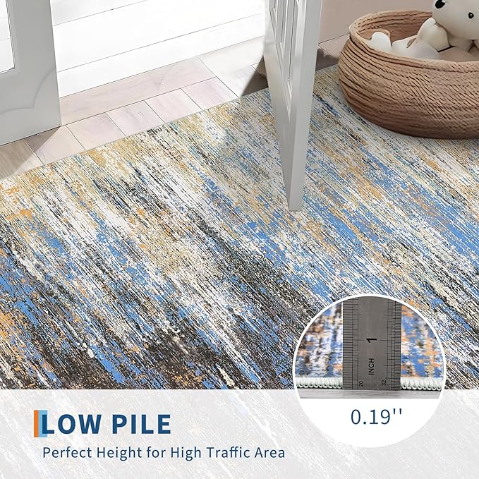 ROYHOME Washable Runner Rug 2x6 Modern Abstract Kitchen Rugs, Non Slip Bathroom Rug, Low Pile Laundry Room Soft Long Carpet for Hallway Bedroom Entryway, Blue/Brown
