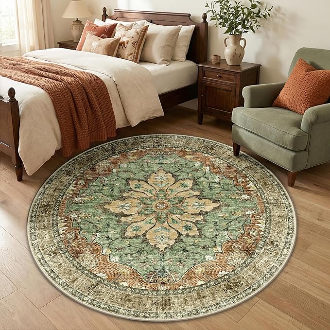 RELEANY Area Rugs Round 5ft Washable Non-Slip, Floral Vintage Distress Print Pattern Medallion Carpet for Living Room Bedroom Dining Room, Brick Red Rust Neutral Brown Burnt Orange Green