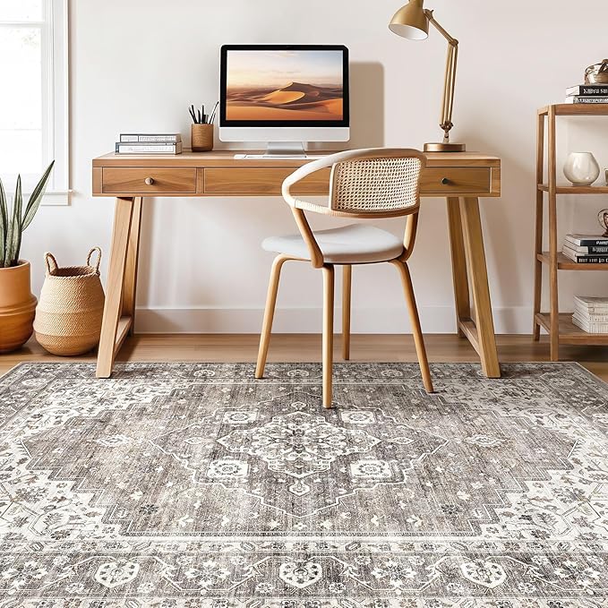 7x10 Area Rug Living Room: Washable Boho Large Neutral Vintage Soft Rug Stain Resistant Farmhouse Non-Slip Indoor Rustic Floor Carpet for Bedroom Nursery Kids Playroom Office Dining Room- Dark Brown