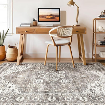 7x10 Area Rug Living Room: Washable Boho Large Neutral Vintage Soft Rug Stain Resistant Farmhouse Non-Slip Indoor Rustic Floor Carpet for Bedroom Nursery Kids Playroom Office Dining Room- Dark Brown