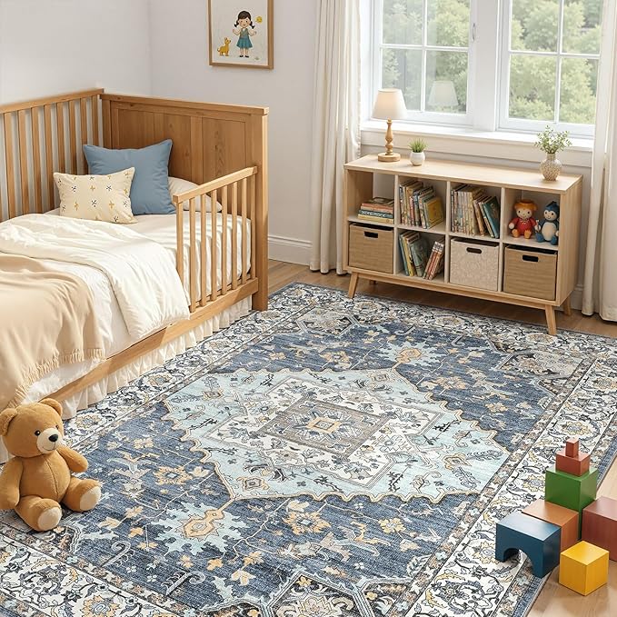 7x9 Washable Area Rugs for Living Room: Non Slip Vintage Blue Yellow Rug, Large Soft Stain Resistant Indoor Floor Carpets for Bedroom Dining Room Nursery Home Office Kid & Pet Friendly