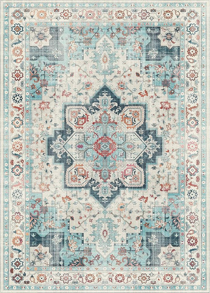 GENIMO 8x10 Area Rugs for Living Room, Machine Washable Non Slip Rugs, Low Pile Lightweight Vintage Print Rug for Bedroom, Dining Room, Home Office, Turquoise & White