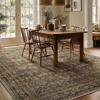 Washable 6x9 Area Rugs for Living Room, Boho Non-Slip Vintage Distress Large Rugs for Bedroom Dining Room Nursery Office, 0.3" Neutral Oriental Throw Thin Carpet, Red/Brown/Multi, C4